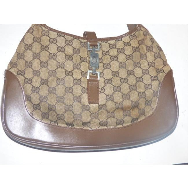 Gucci Jackie   Style Shoulder Purse Brown Large G Logo Print Leather Canvas Hobo Bag