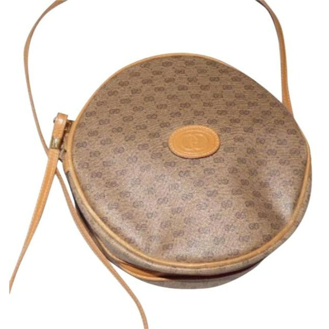 Gucci   Camel Leather And Small G Logo Print Coated Canvas In Shades Of Browns