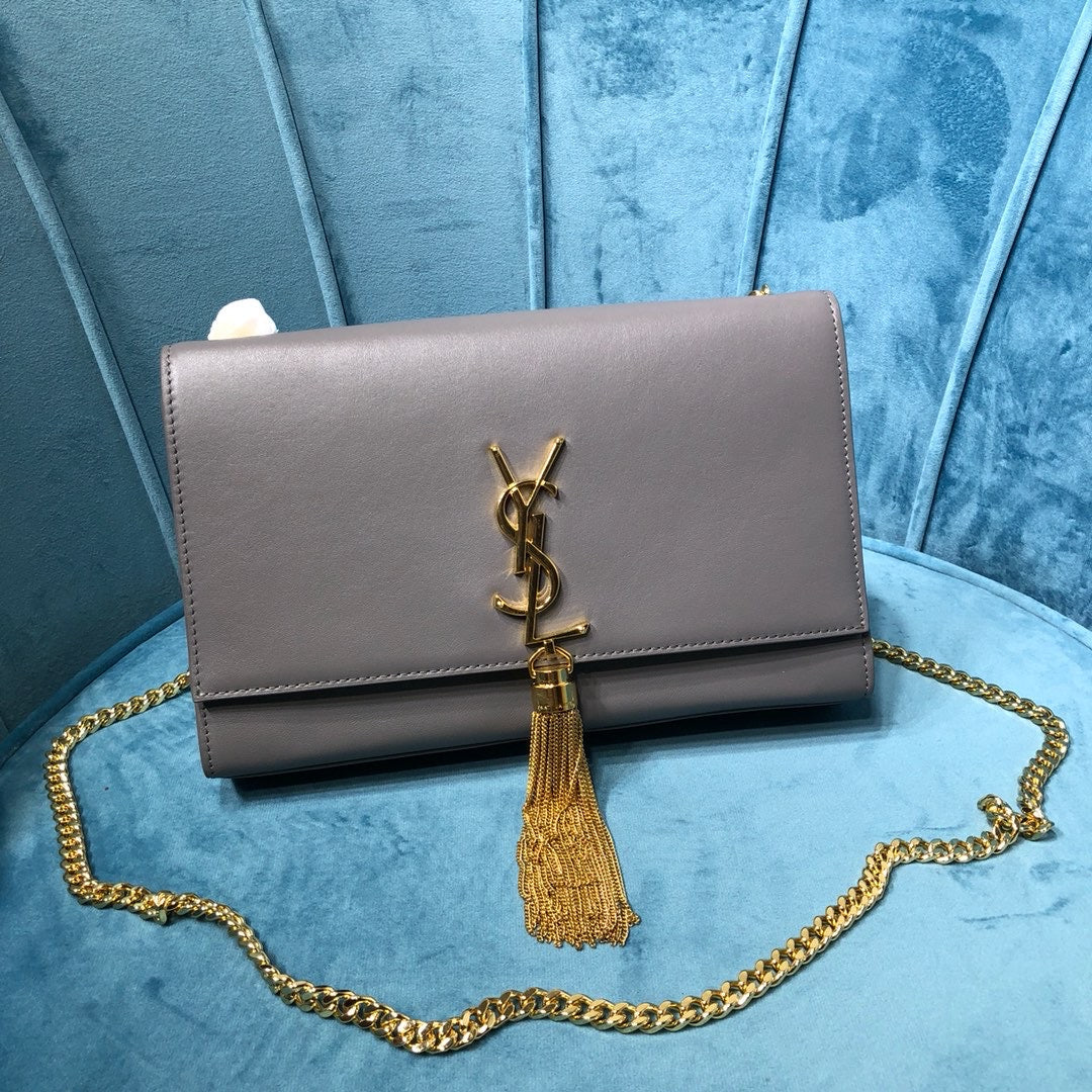 YSSL Kate Medium Chain Bag With Tassel In Grain De Poudre Grey For Women 9in/24cm YSL