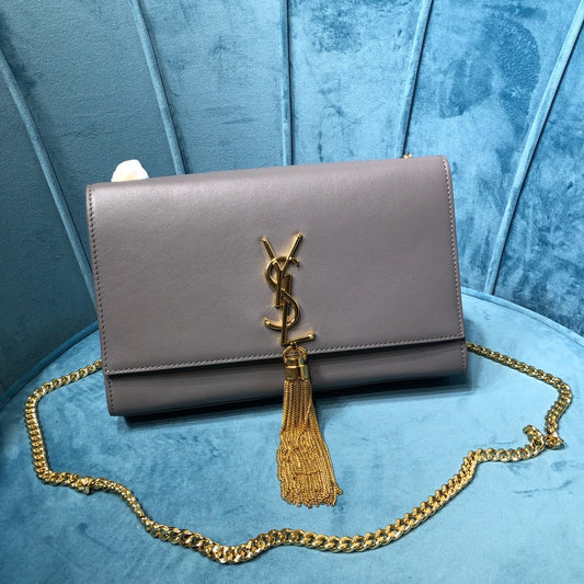 YSSL Kate Medium Chain Bag With Tassel In Grain De Poudre Grey For Women 9in/24cm YSL