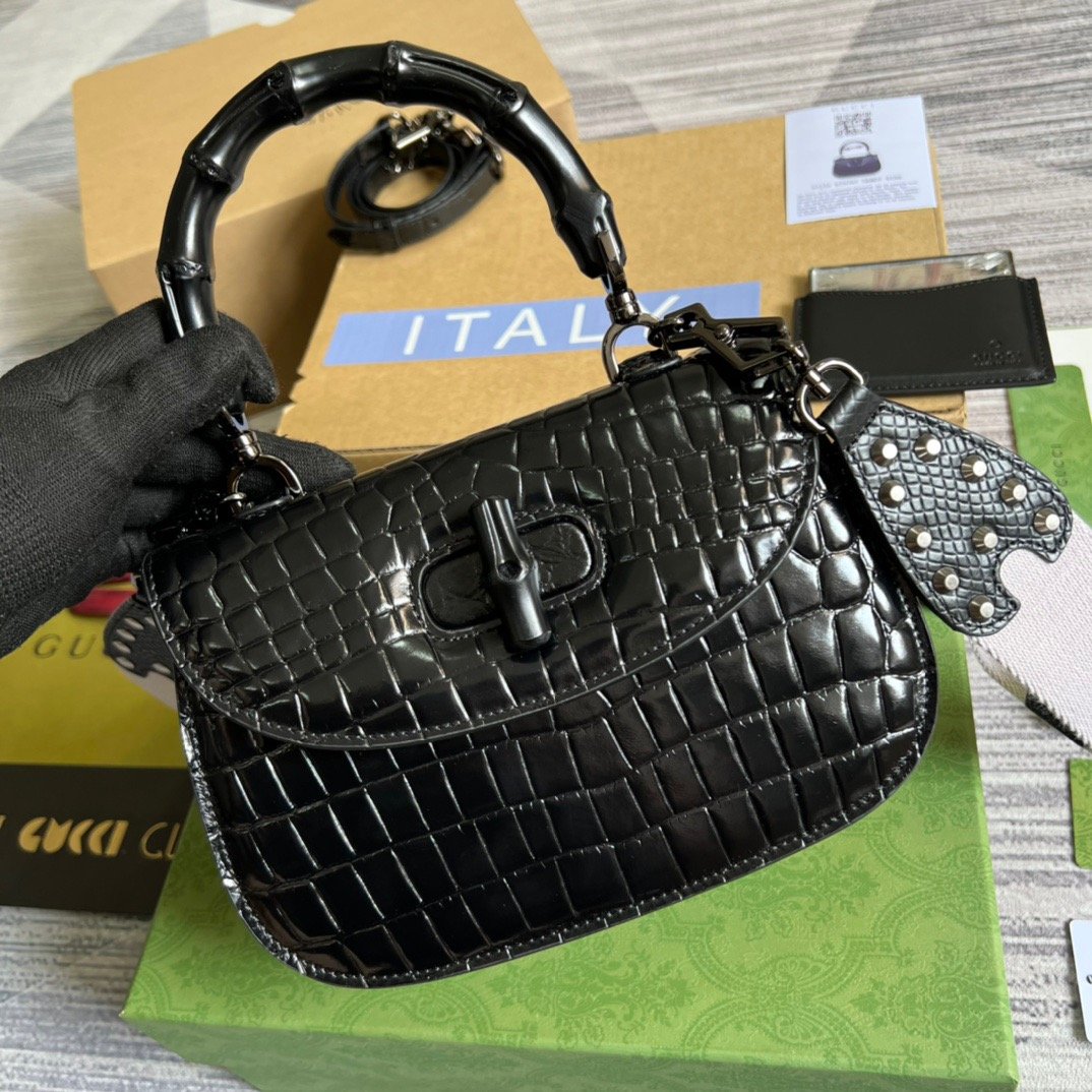 gg Bamboo 1947 Crocodile Top Handle Bag Black For Women, Women’s Bags 10in/26cm gg
