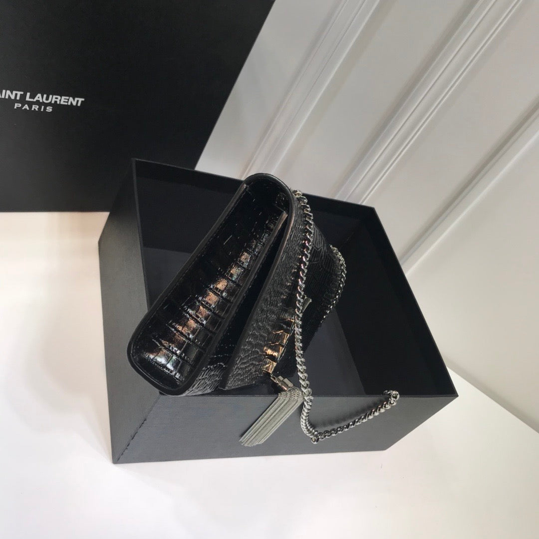 Top Quality Kate MeTop Qualityum Chain Bag With Tassel In Embossed CrocoTop Qualityle Black For Women 9.4in/24cm YSL 354119DND0N1000