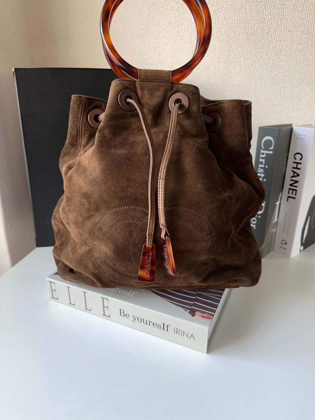 CHANEL Suede Tortoise CC Drawstring Tote Brown MR205202571022