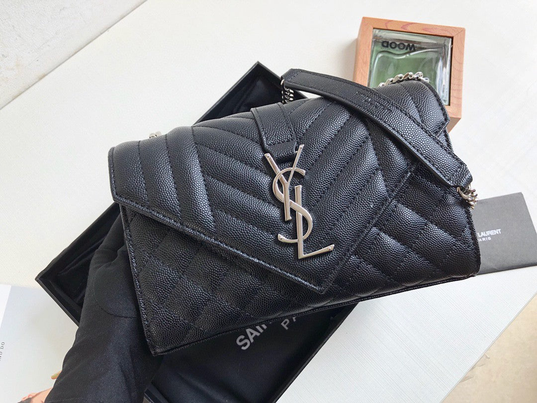 Top Quality Envelope Small Bag In Mix Matelassé Grain De Poudre Black For Women 8.2in/21cm YSL 600195BOW921000