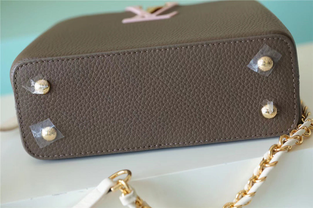 Top Quality Capucines Mini Taurillon Smokey Brown Green/ Creme/ Pink For Women,  Shoulder And Crossbody Bags 21cm/8.3in Top Quality