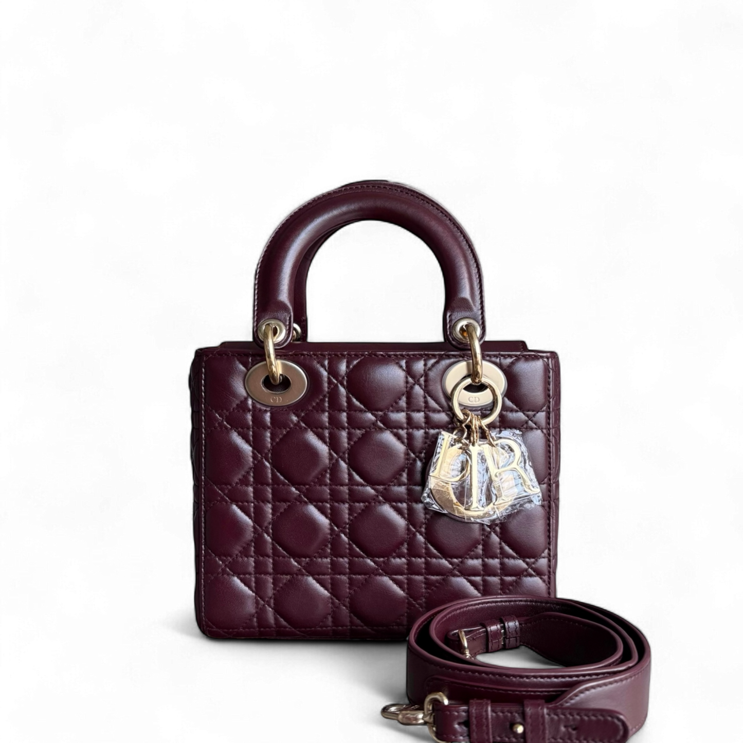 Dior Lady Small Flap - Cannage Lambskin Burgundy Red Gold Hardware