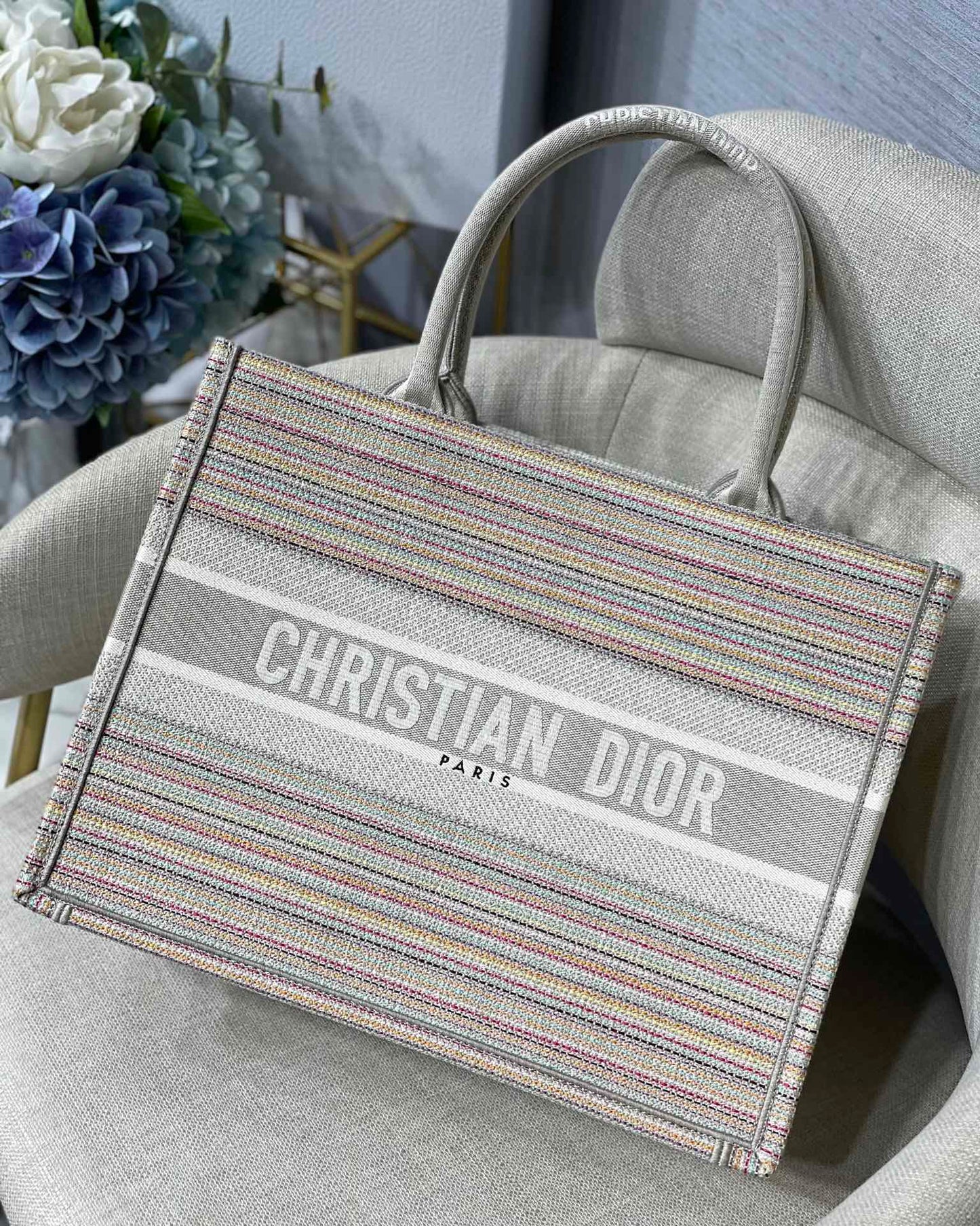 Top Quality Large Book Tote Bag Canvas Stripes Embroidery For Women 42cm/16.5in CD