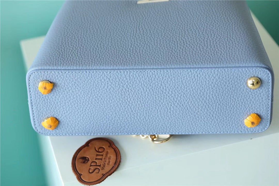 Top Quality Capucines BB Taurillon Light Blue/ Beige For Women, Womens Bags, Shoulder And Crossbody Bags 10.6in/27cm Top Quality