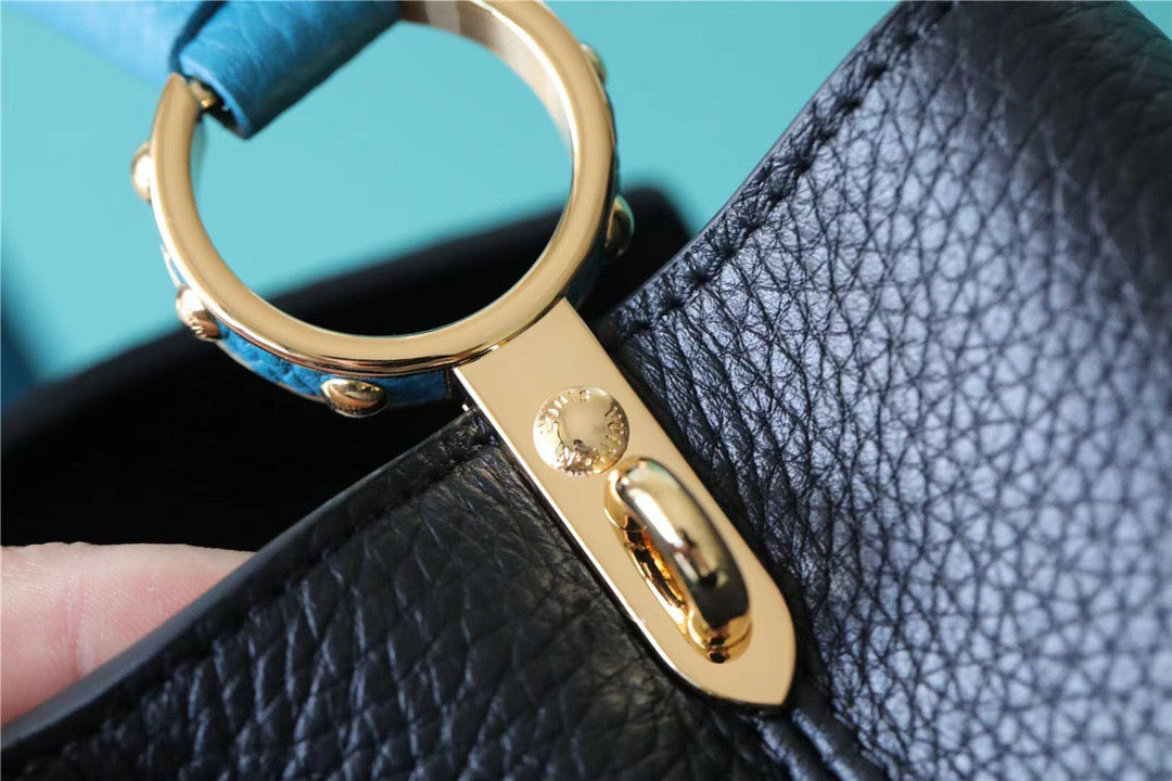Top Quality Capucines MM Taurillon Black/ Blue For Women, Womens Bags, Shoulder And Crossbody Bags 12.4in/31.5cm Top Quality 