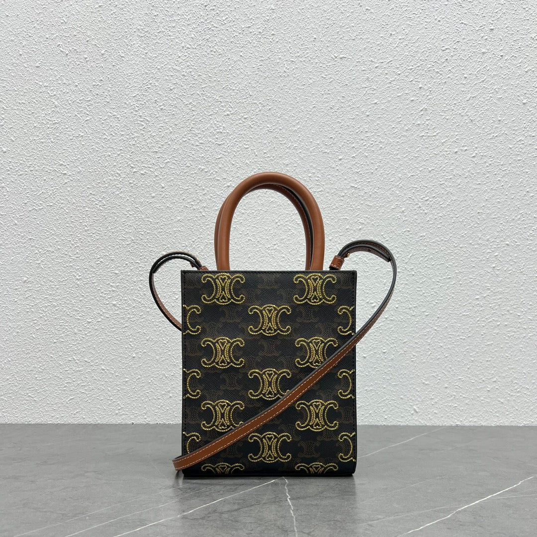 Top Quality Mini Folco In Triomphe Canvas With Triomphe Heart Embroidery Brown For Women 8in/20cm
