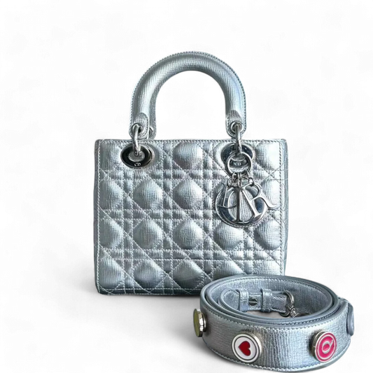 Dior Lady Small - Metallic Calfskin Limited Edition Silver ABC Badge Charm SHW