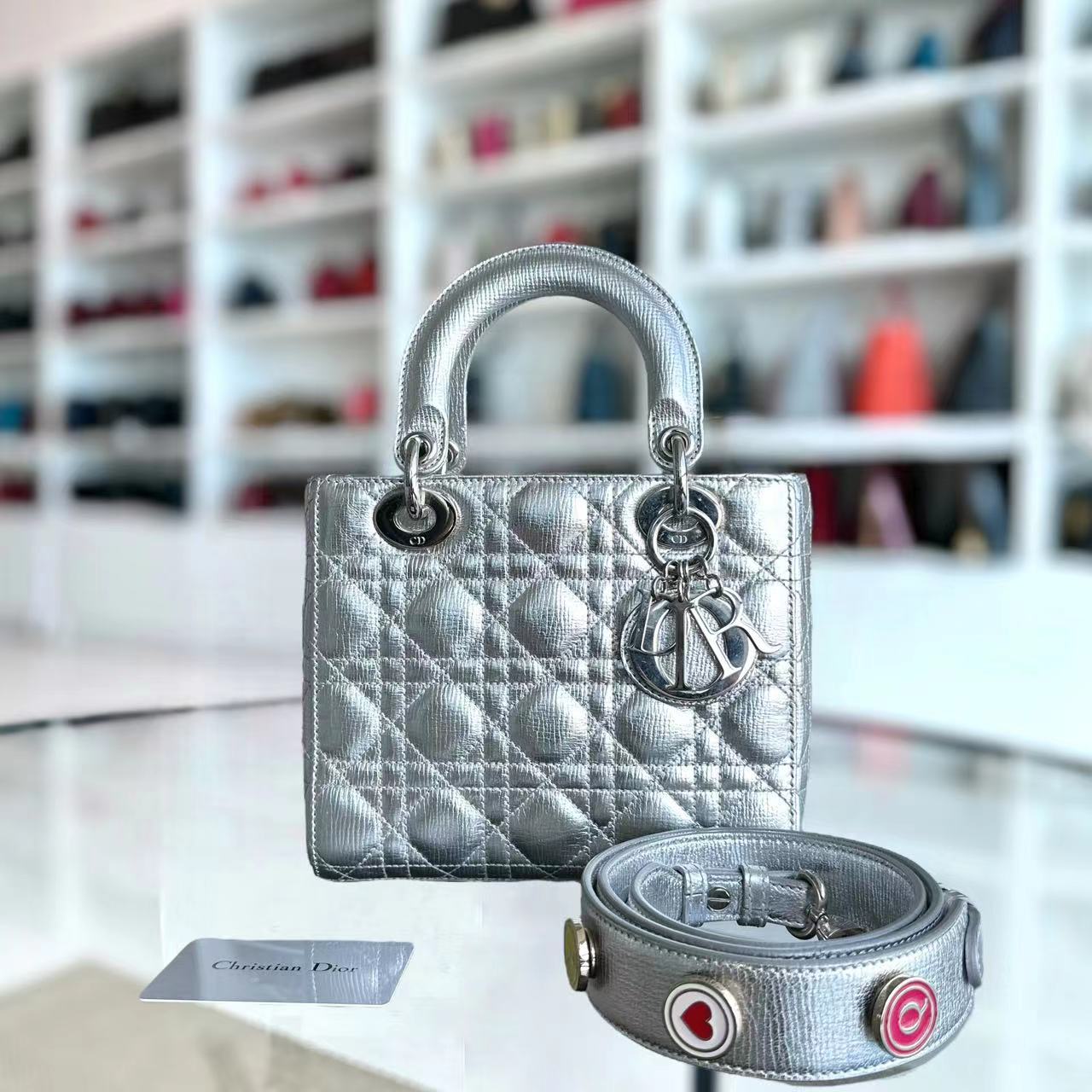 Dior Lady Small - Metallic Calfskin Limited Edition Silver ABC Badge Charm SHW