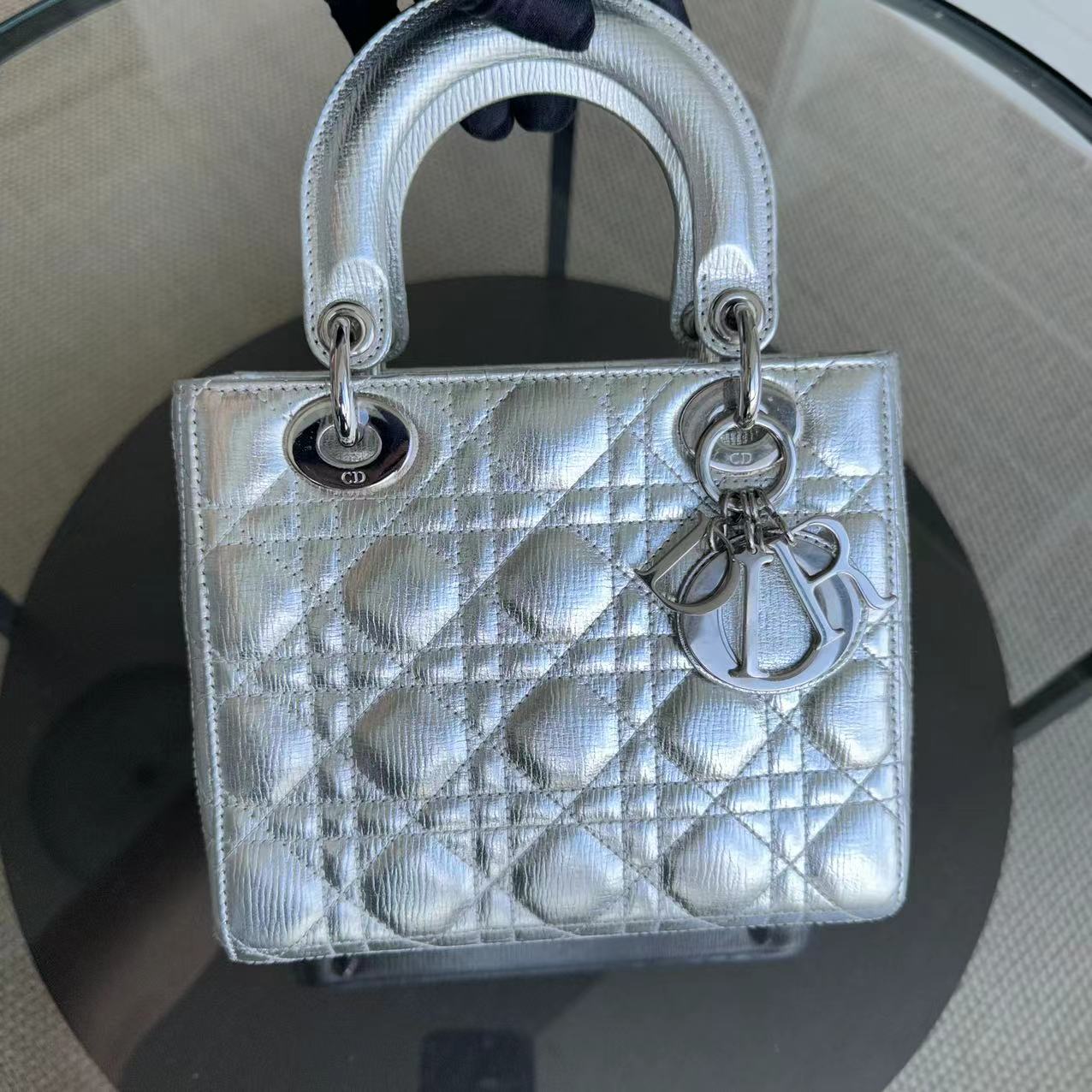 Dior Lady Small - Metallic Calfskin Limited Edition Silver ABC Badge Charm SHW