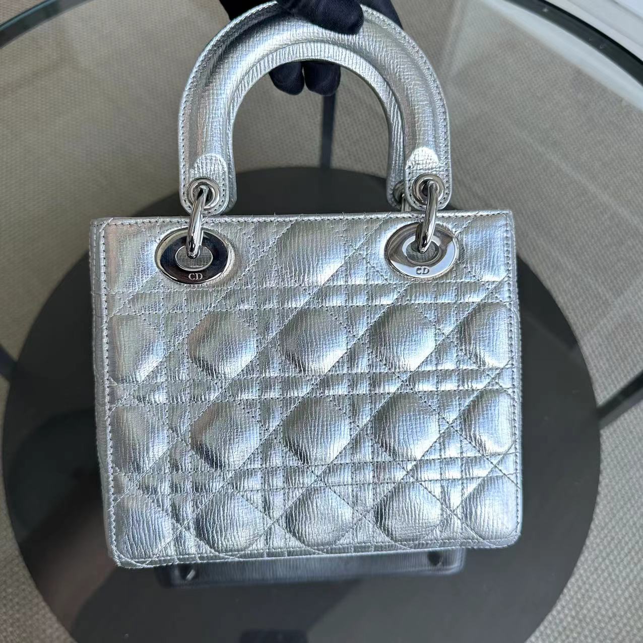 Dior Lady Small - Metallic Calfskin Limited Edition Silver ABC Badge Charm SHW