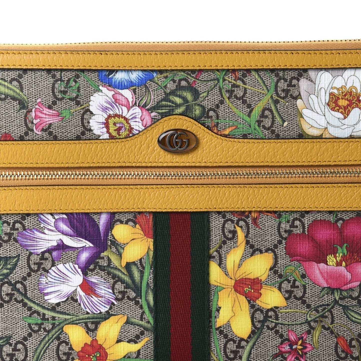 Gucci Ophidia Yellow Leather Supreme Canvas Flora Large Pouch Clutch Bag 517551