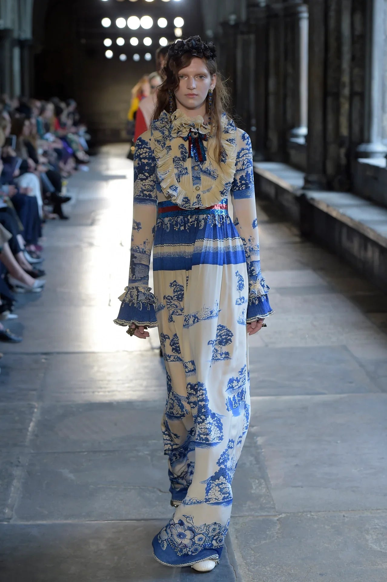 GUCCI Porcelain Garden Printed Ruffled Gown In Ivory And Blue