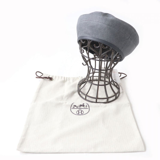 HERMES beret Outer: 100% cotton, Leather: Cowhide, Lining: 65% rayon, Lining: 35% silk gray Women 57  d
