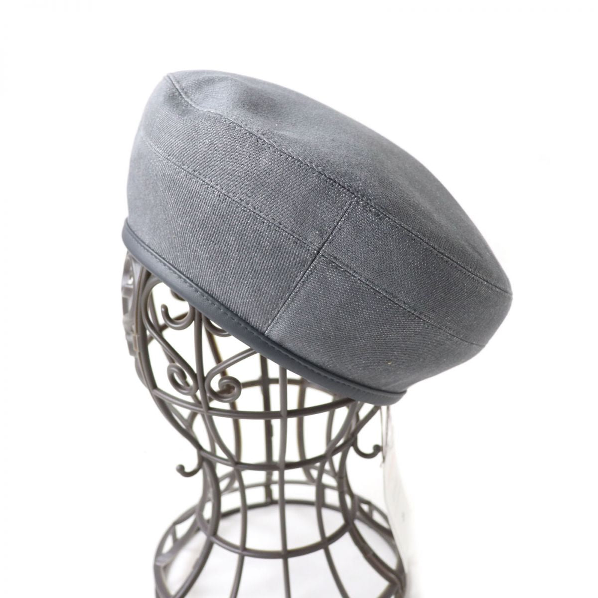 HERMES beret Outer: 100% cotton, Leather: Cowhide, Lining: 65% rayon, Lining: 35% silk gray Women 57  d