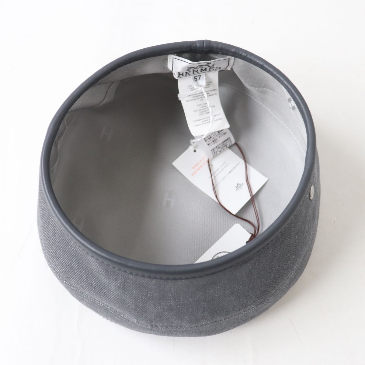 HERMES beret Outer: 100% cotton, Leather: Cowhide, Lining: 65% rayon, Lining: 35% silk gray Women 57  d