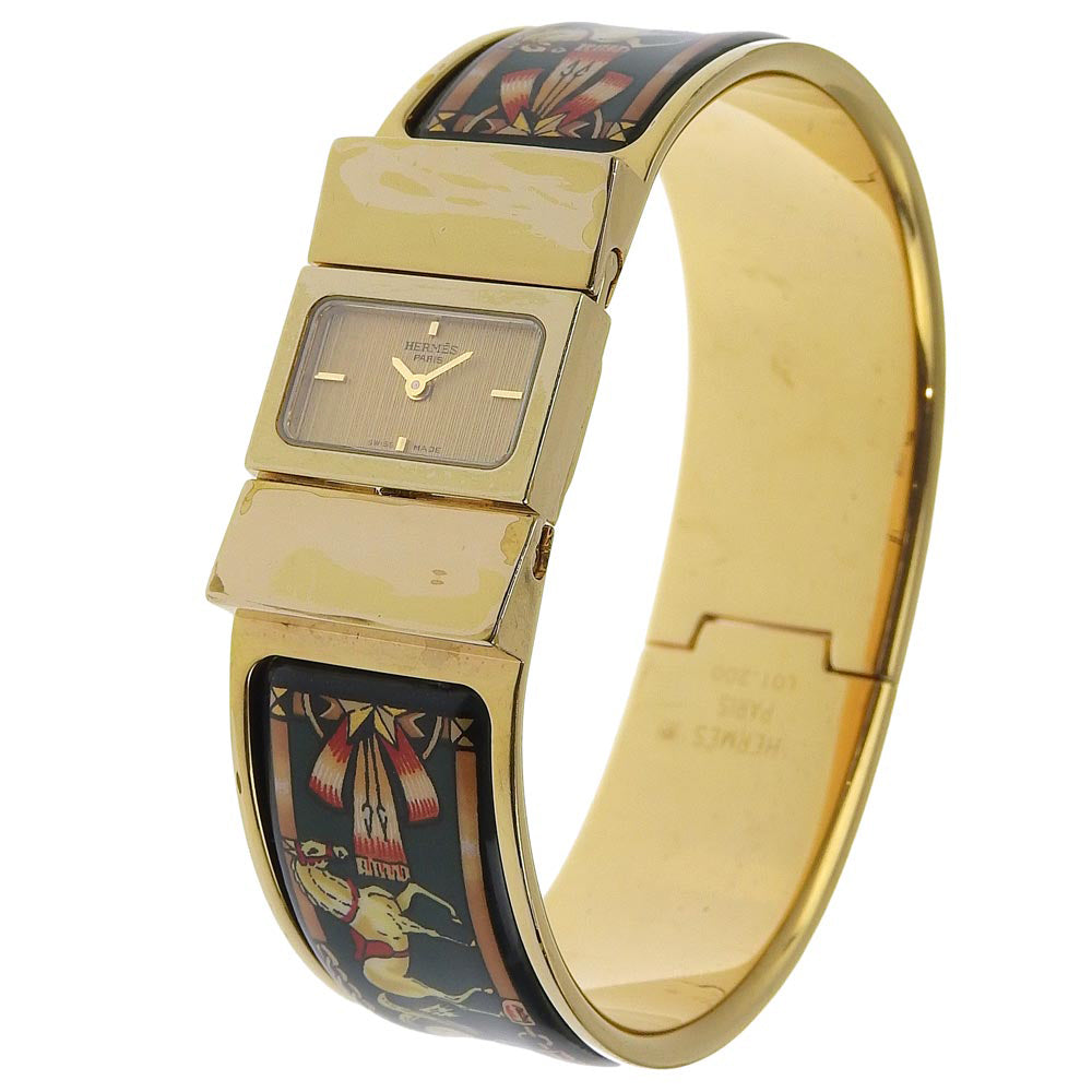 HERMES Watches Quartz LO1.201 Plated Gold Green Cloisonne Location gold dial Women  d