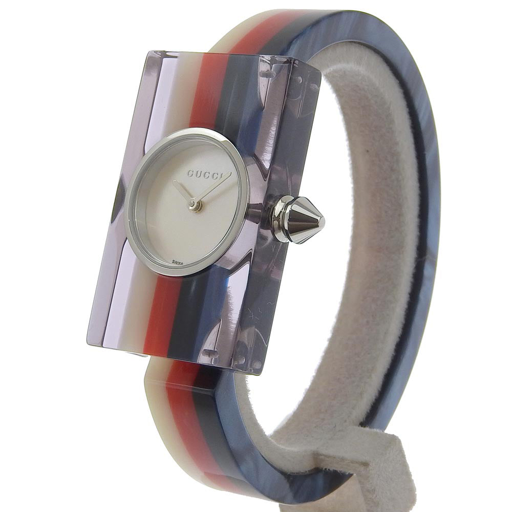 GUCCI Watches Quartz 143.5 Stainless Steel, Plastic White / red / navy Bangle watch   web Silver shell dial Women