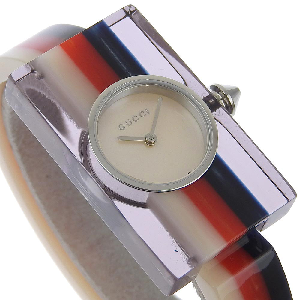 GUCCI Watches Quartz 143.5 Stainless Steel, Plastic White / red / navy Bangle watch   web Silver shell dial Women