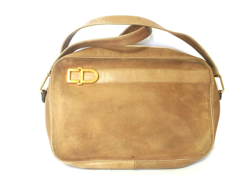 CHRISTIAN DIOR   brown beige suede leather shoulder bag with golden CD motif