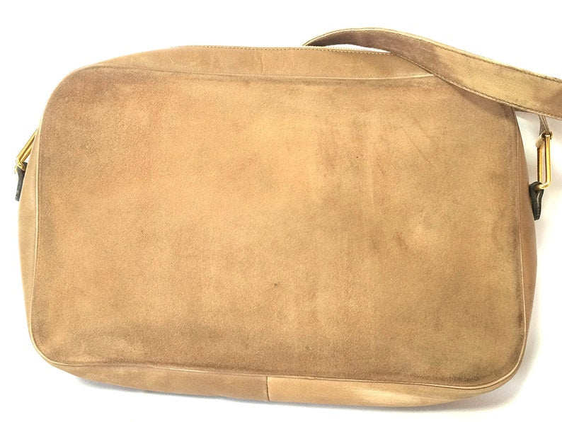 CHRISTIAN DIOR   brown beige suede leather shoulder bag with golden CD motif