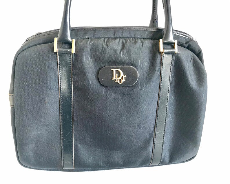 CHRISTIAN DIOR   navy handbag with logo jacquard nylon and leather trimmings