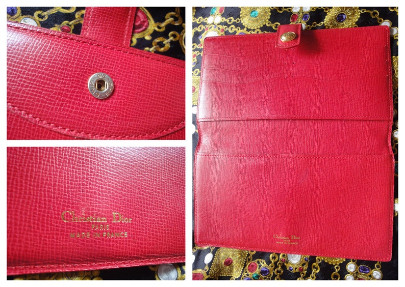 CHRISTIAN DIOR   red genuine leather wallet with gold tone CD charm