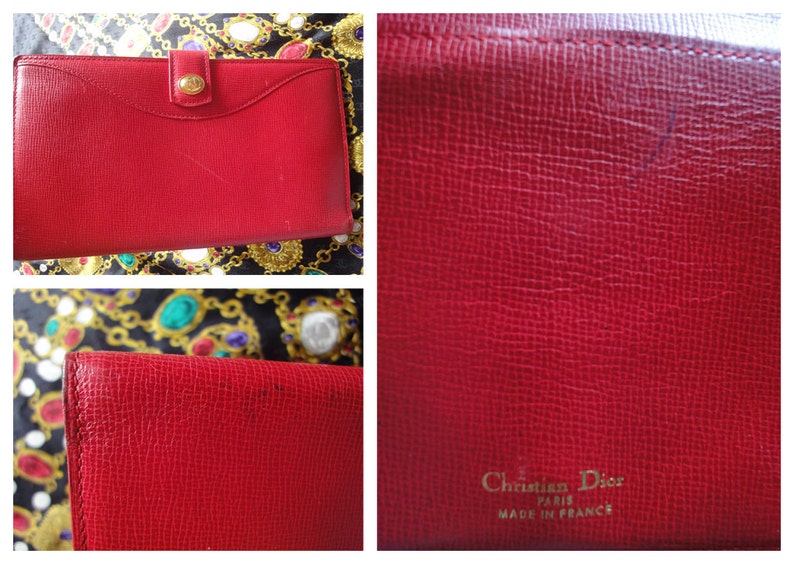 CHRISTIAN DIOR   red genuine leather wallet with gold tone CD charm