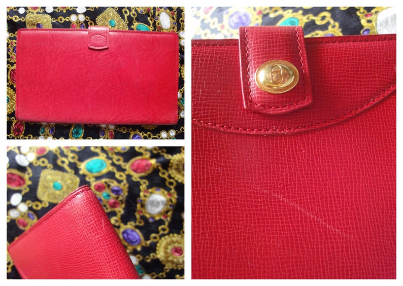 CHRISTIAN DIOR   red genuine leather wallet with gold tone CD charm