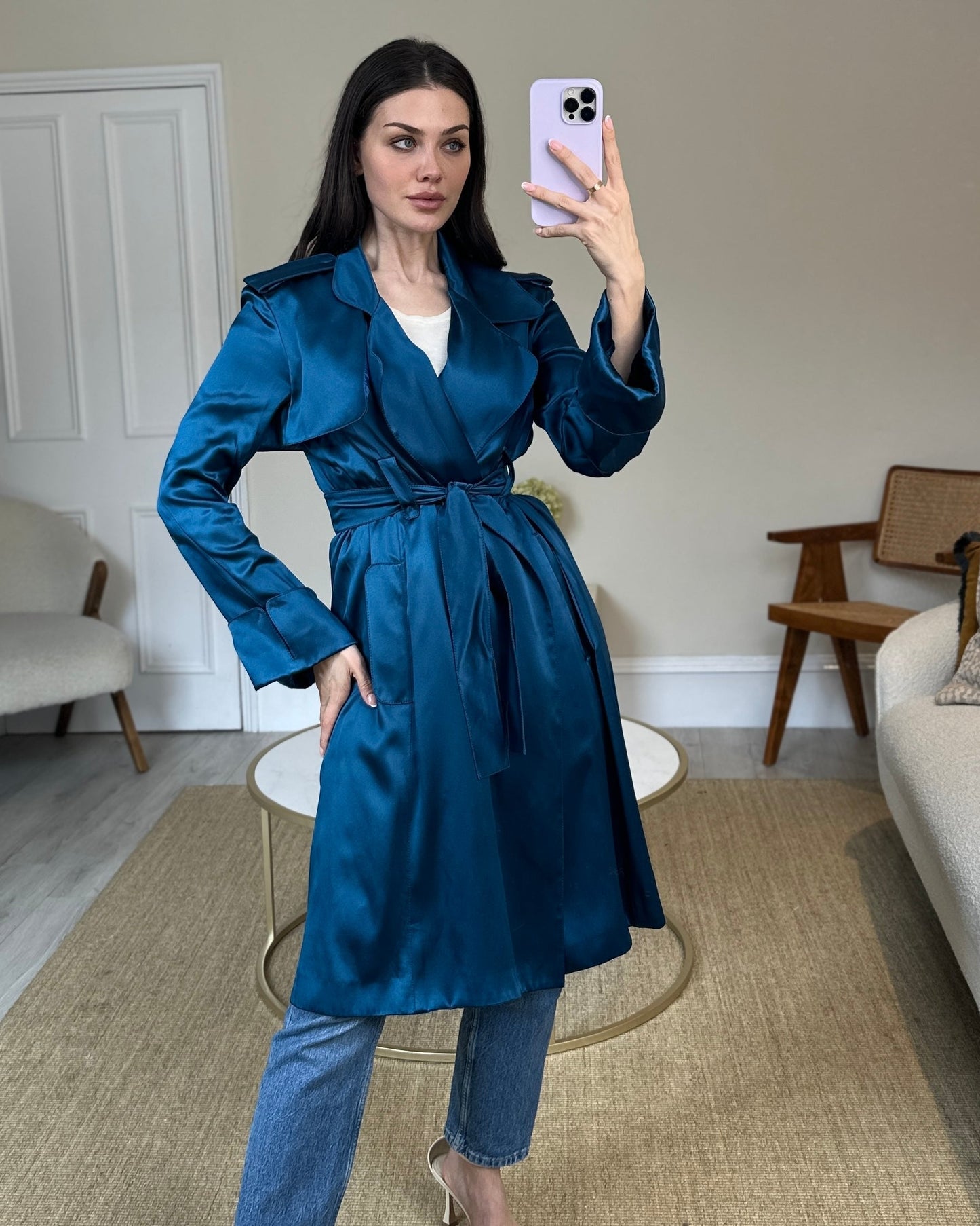 Celine Blue Silk Overcoat with Belt FR 38 (UK 10)