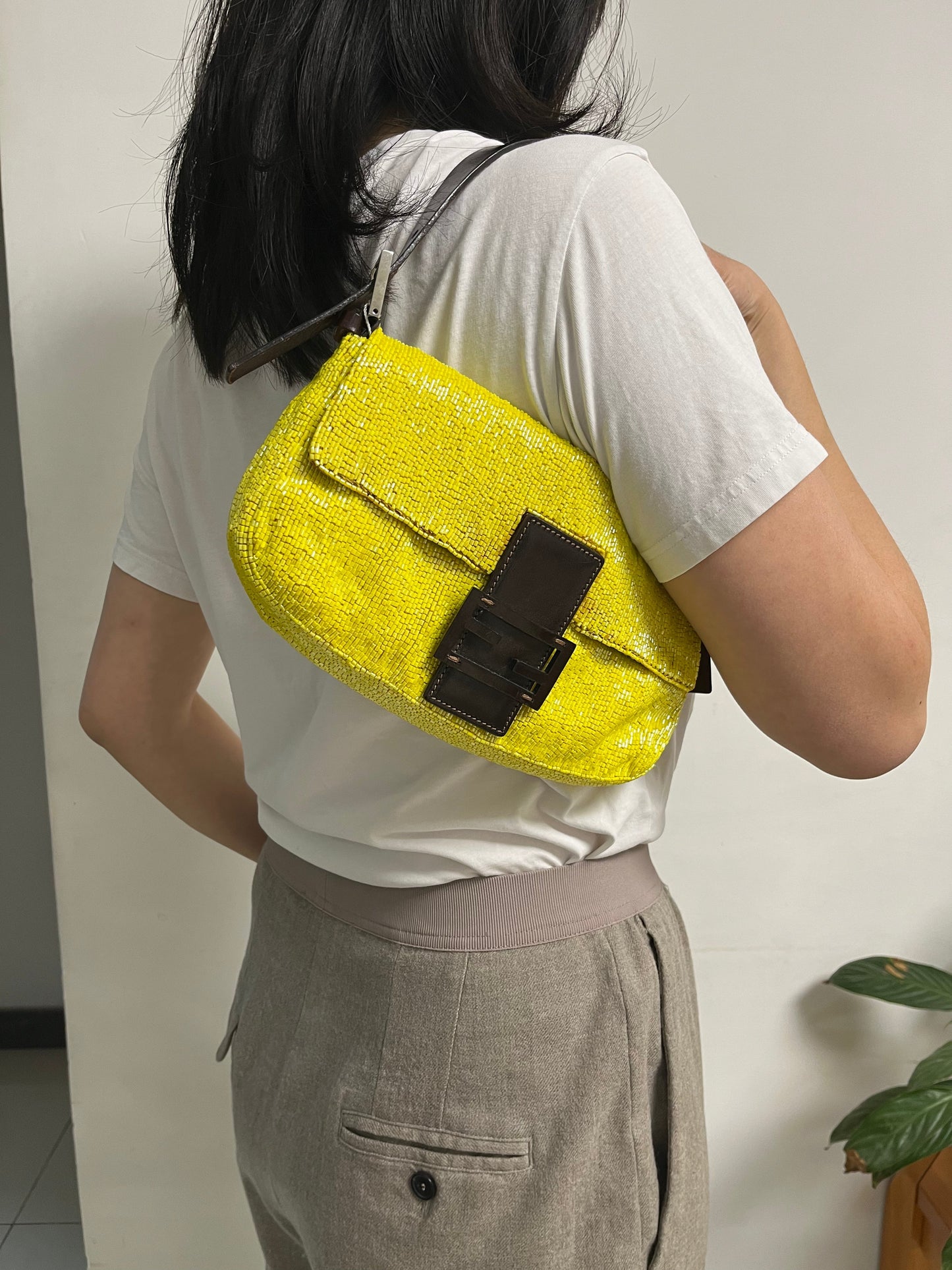 Fendi Baguette Bag Lemon Yellow Glitter Beads Shoulder Bag