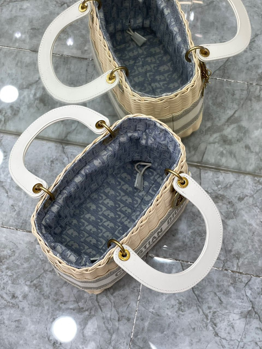 Top Quality MeTop Qualityum Lady Natural Wicker and Blue Oblique Jacquard Bag, Blue, For Women Womens Handbags, 24cm CD M0565CMVO_M808