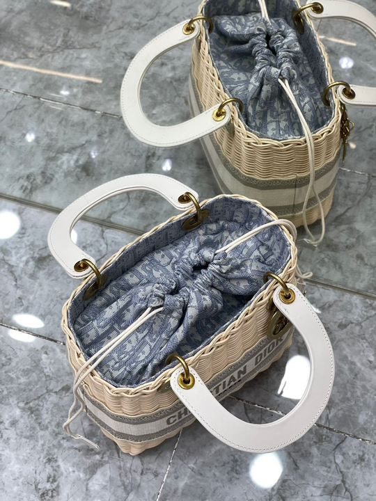 Top Quality MeTop Qualityum Lady Natural Wicker and Blue Oblique Jacquard Bag, Blue, For Women Womens Handbags, 24cm CD M0565CMVO_M808