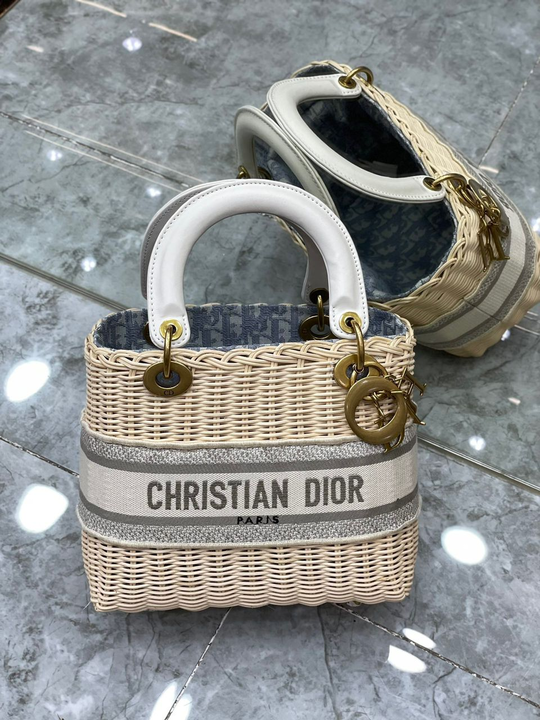 Top Quality MeTop Qualityum Lady Natural Wicker and Blue Oblique Jacquard Bag, Blue, For Women Womens Handbags, 24cm CD M0565CMVO_M808