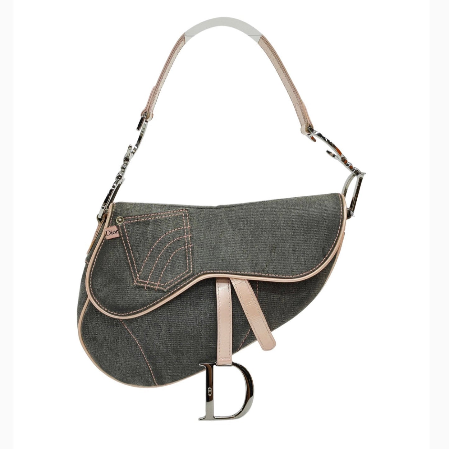 Dior saddle bag   denim with pink leather strap