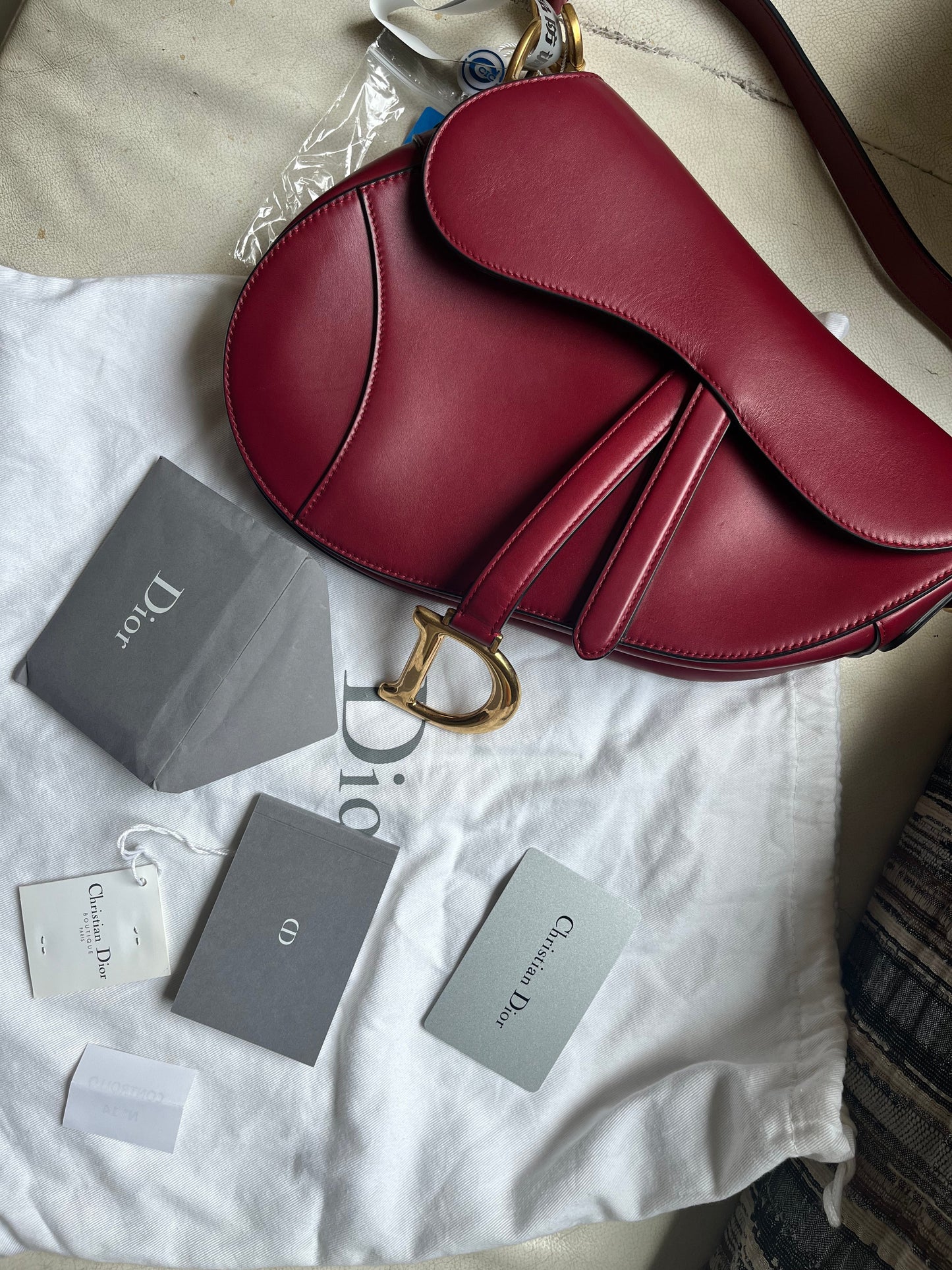Dior Saddle Scarlet Red Burgundy Medium Calfskin Smooth Leather Handbag like new