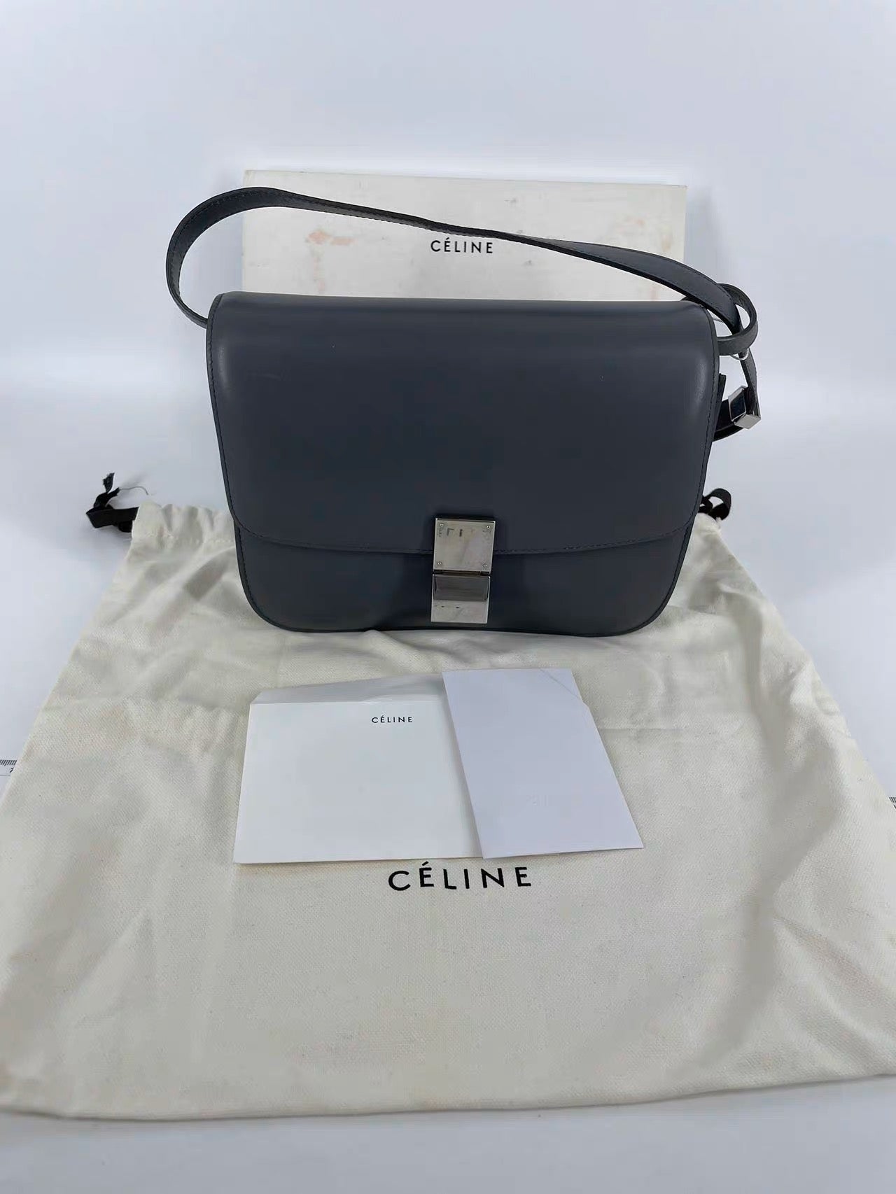 CELINE Classic Flap Grey Box Leather crossbody bag gold hardware and adjustable strap