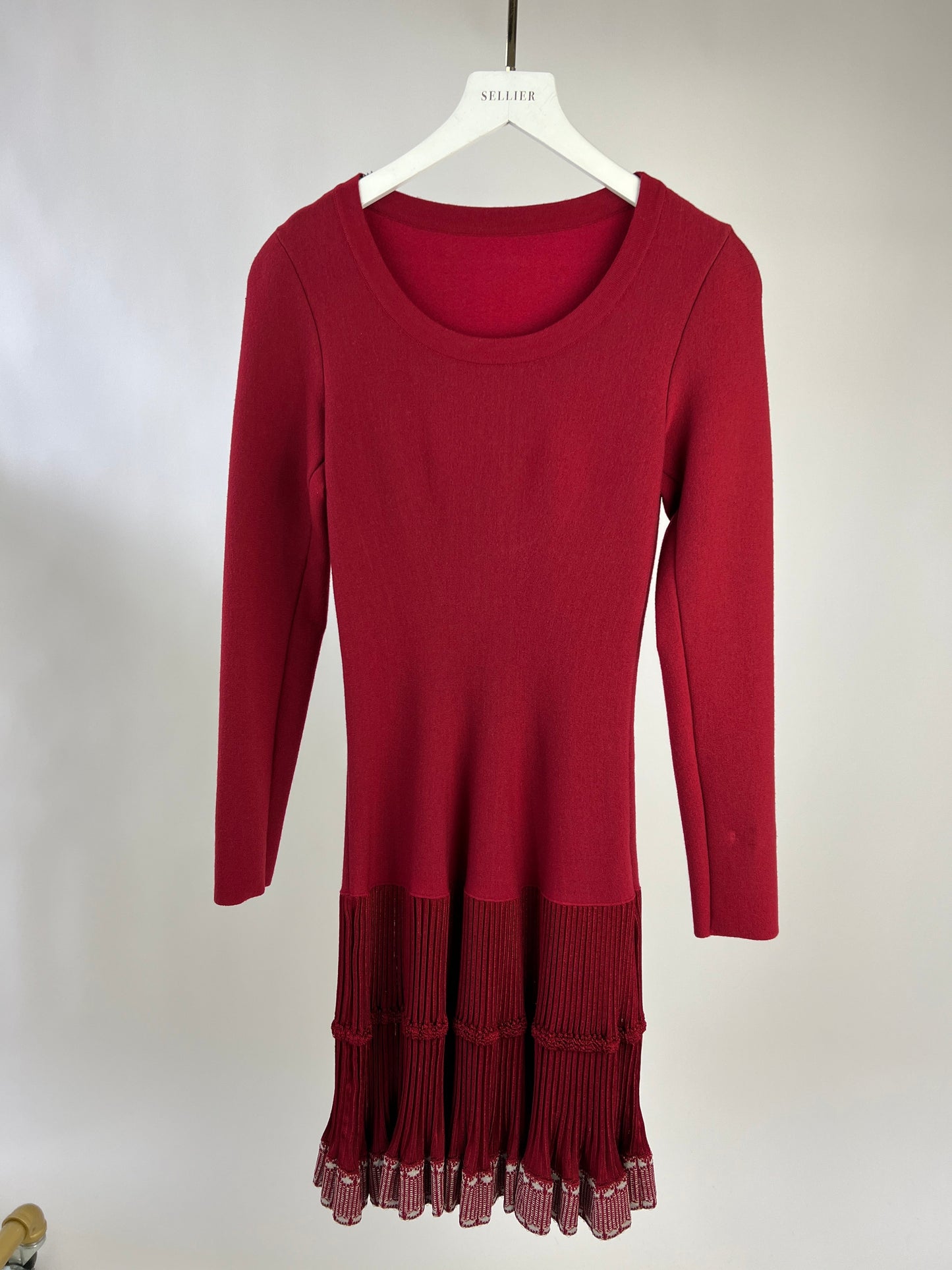 Alaia Red Long-Sleeve Dress with Pleated Trim FR 38 (UK 10)