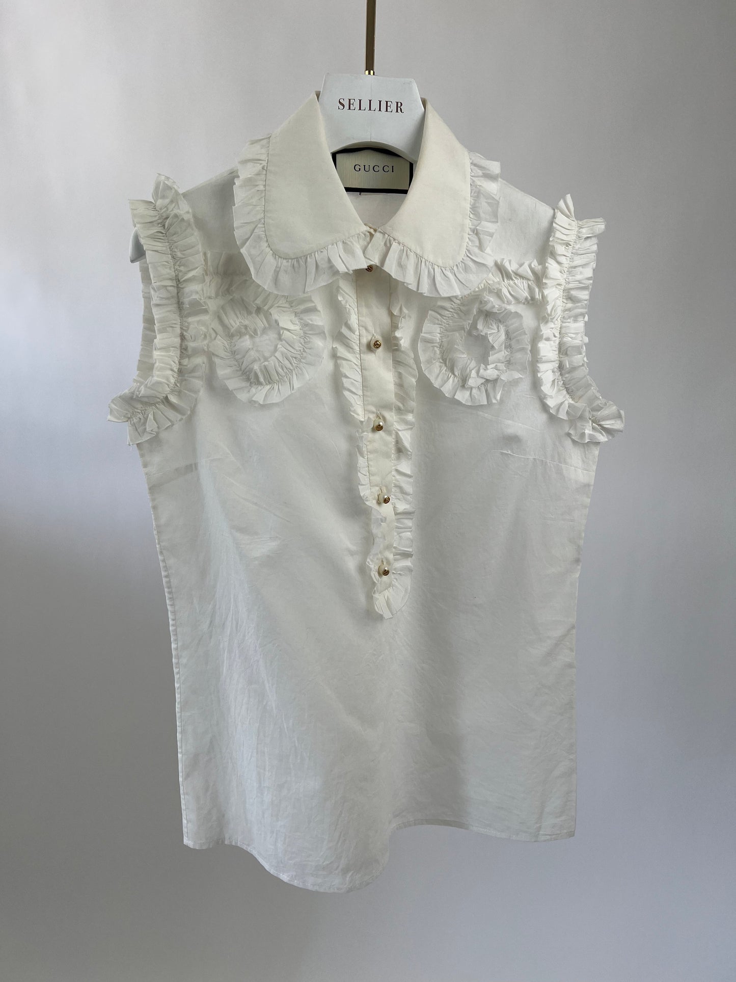 Gucci White Ruched Short Sleeve Blo  with Pearl GG Detailing IT 38 (UK 6)