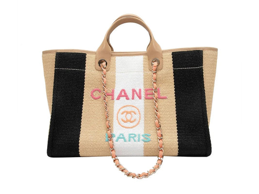 Beige & Multicolor Chanel Striped Logo Tote Bag