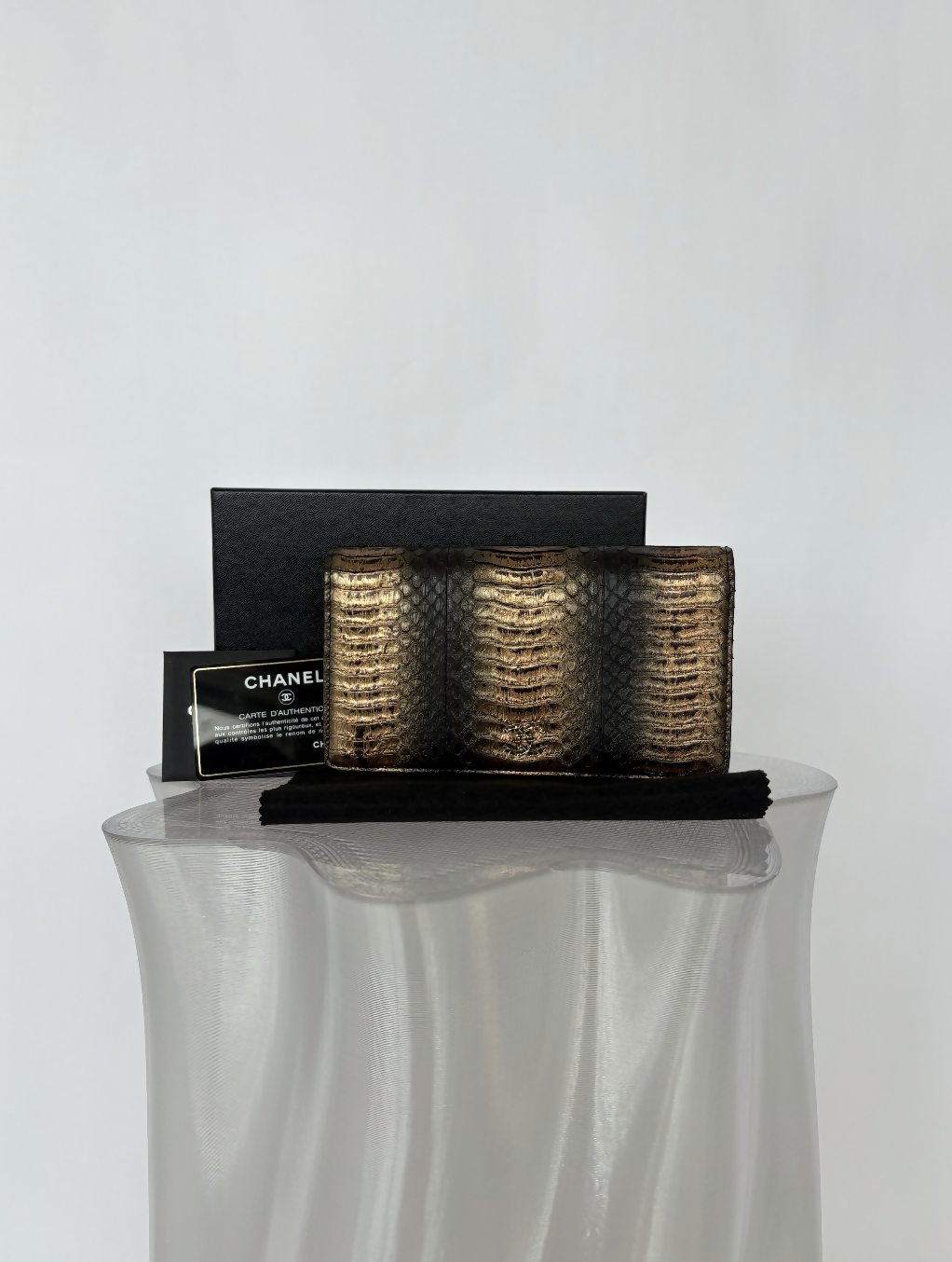 Chanel Black/Bronze Snakeskin CC Yen Wallet - FULL SET