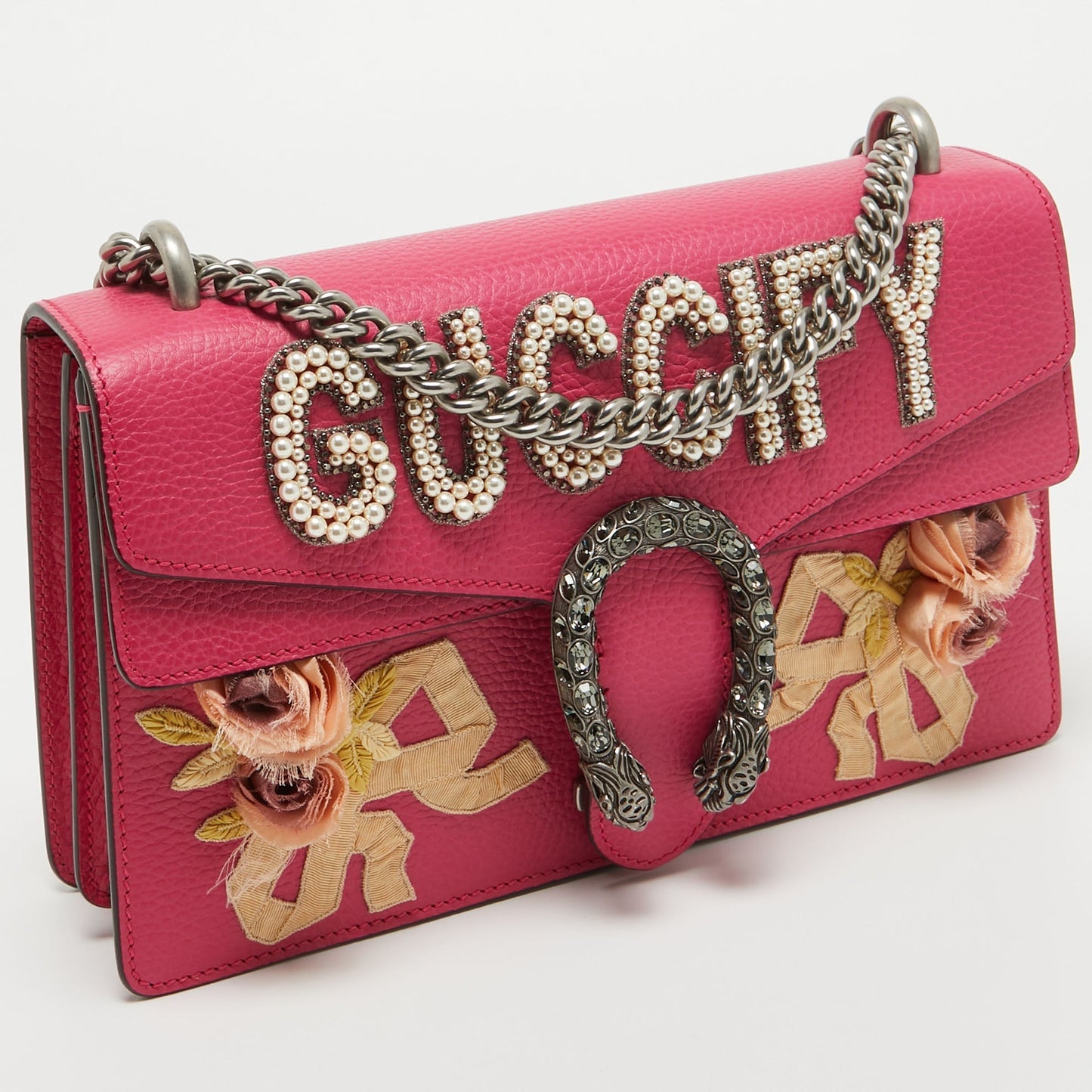 GUCCI Magenta Leather Small fy Pearl Embellished Dionysus Shoulder Bag