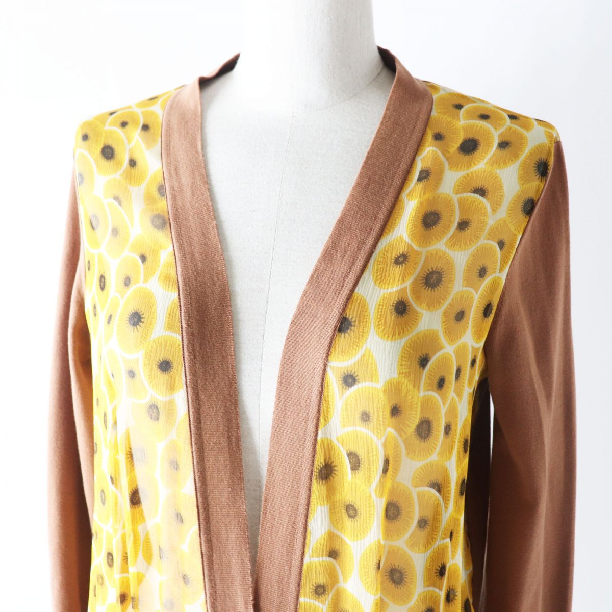HERMES cardigan Part: 100% silk, Part: 100% cotton Brown x Yellow type (Sunflower Pattern) Women 38  d