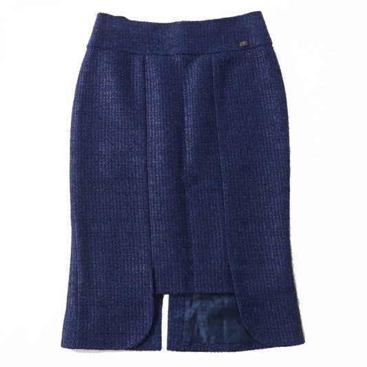 CHANEL skirt Outer: 49% viscose, Outer: 44% cotton, Outer: 7% polyamide, Lining: 75% cotton, Lining: 25% silk Blue x Black (Tweed) Women 34