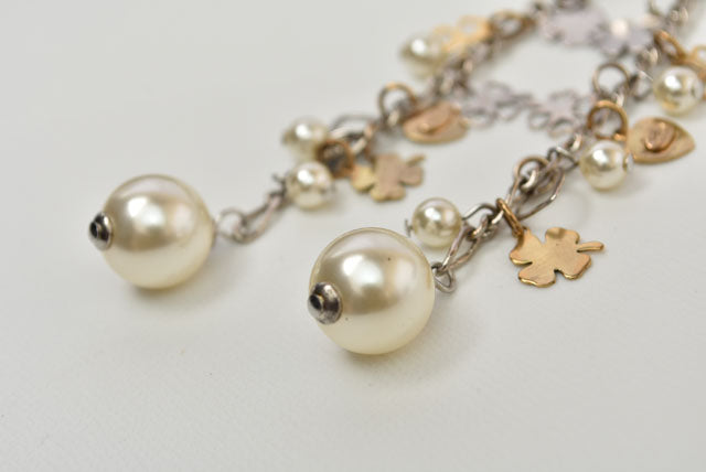 Chanel Clover/Heart Motif Swing Pearl Earrings, Silver/Gold, Metal/Faux Pearl