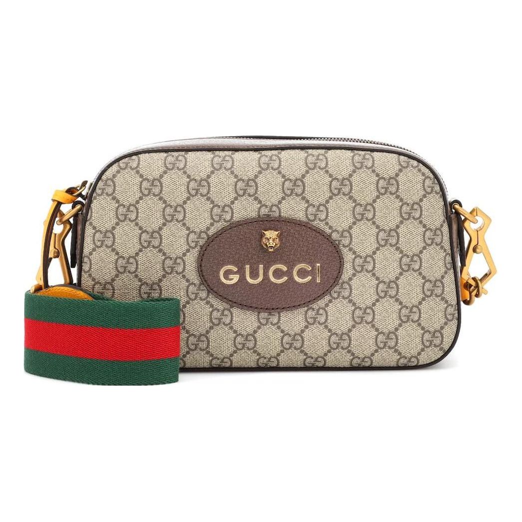 GUCCI Neo   Metallic Tiger Head Logo Stripe Webbing Shoulder Messenger Bag Unisex / / Brown / Yellow 476466-K9GVT-8856