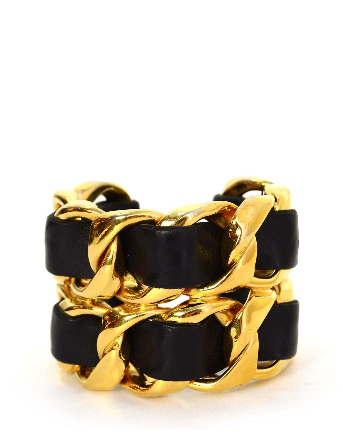 Chanel   Black/Gold Wide Leather Laced Cuff Bracelet